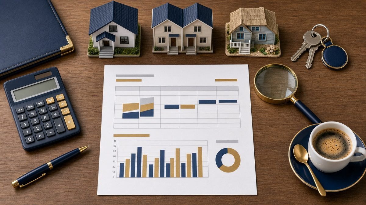 Best DSCR lenders checklist: investor desk with a calculator, three model houses, a magnifying glass and loan paperwork