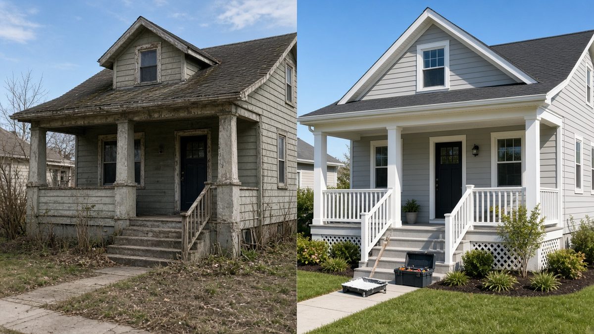 Before and after renovation of a rental bungalow with tools on the porch, illustrating a BRRRR DSCR cash-out refinance
