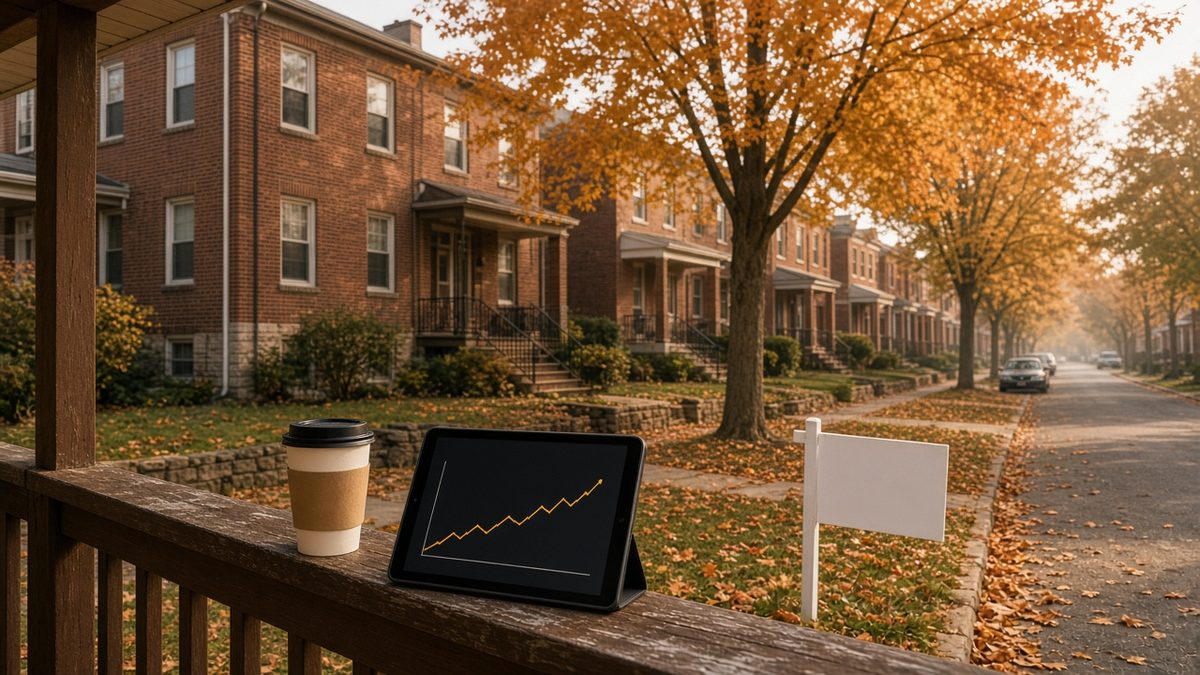Autumn street of brick rental fourplexes with a tablet showing a rising graph, for a Fall 2026 DSCR loan rates update