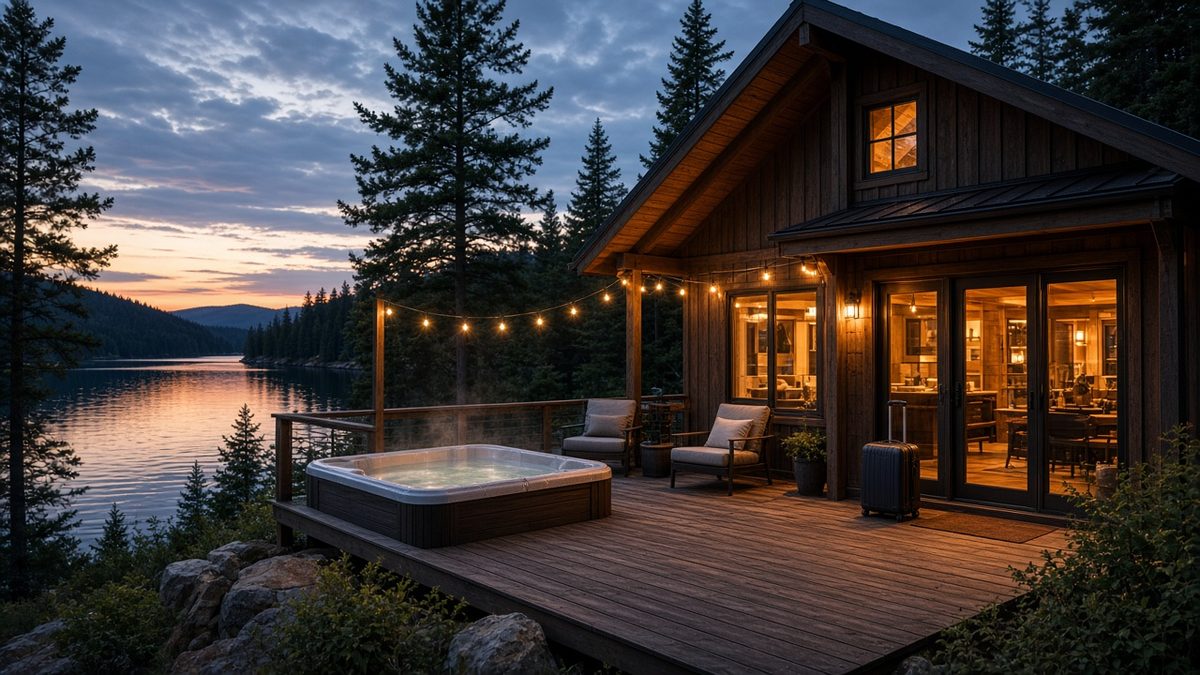 Lakeside vacation rental cabin with a hot tub deck and string lights at dusk, financed with a DSCR loan for Airbnb