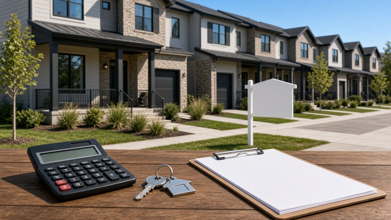 Row of rental townhomes with a calculator and keys on a table, illustrating DSCR loans for investors