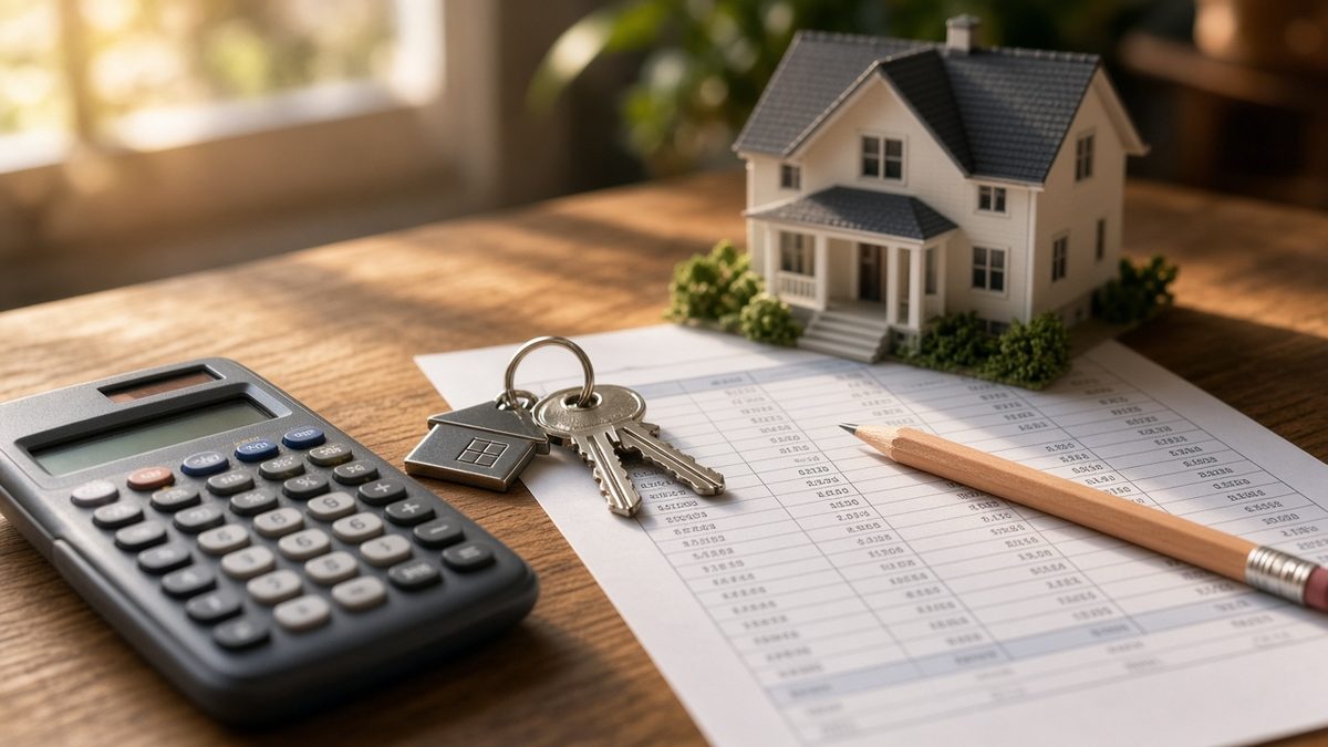 Calculator, rental income worksheet, house keys and a model rental house on a desk, showing how to calculate DSCR